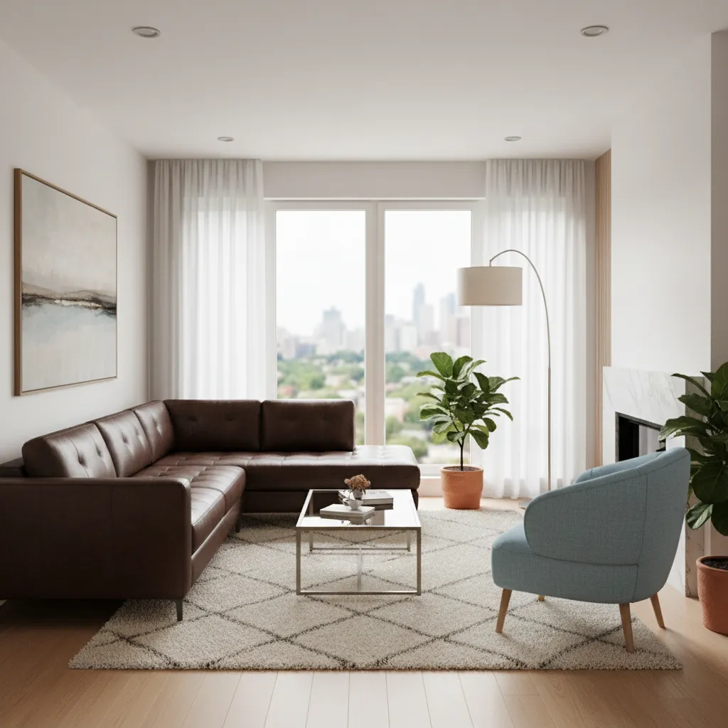 example of clashing leather sofa and fabric chair colors in living room