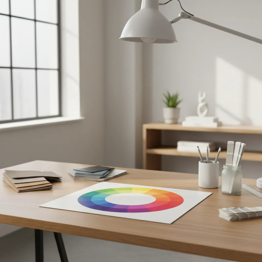 Color wheel paper with paint samples and light fixture on wooden desk in a room