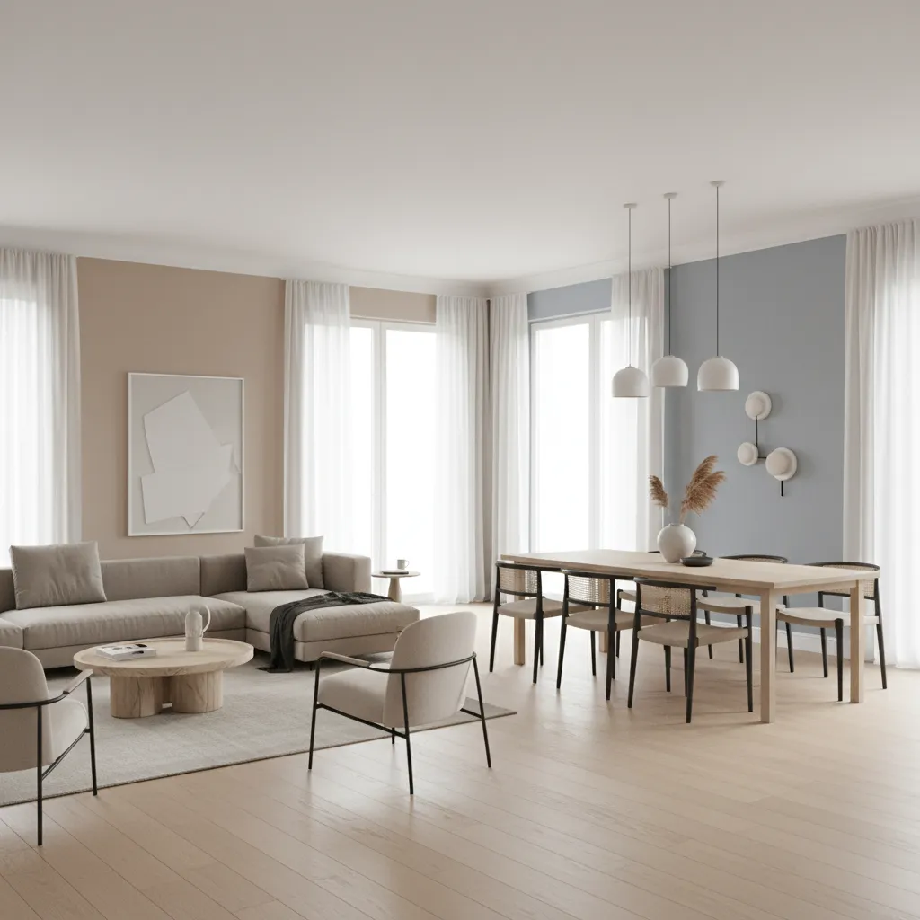 Open plan living room using paint color zoning to separate areas