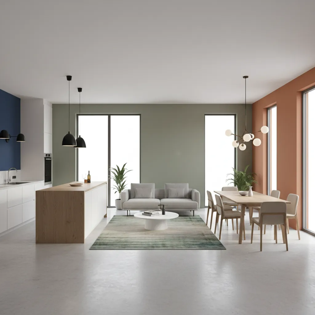 Espacio abierto donde diferentes colores delimitan zonas funcionales