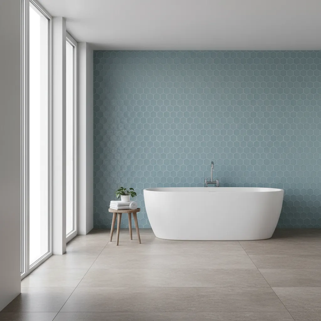 Soft blue bubble tiles used as a calming bathroom accent wall