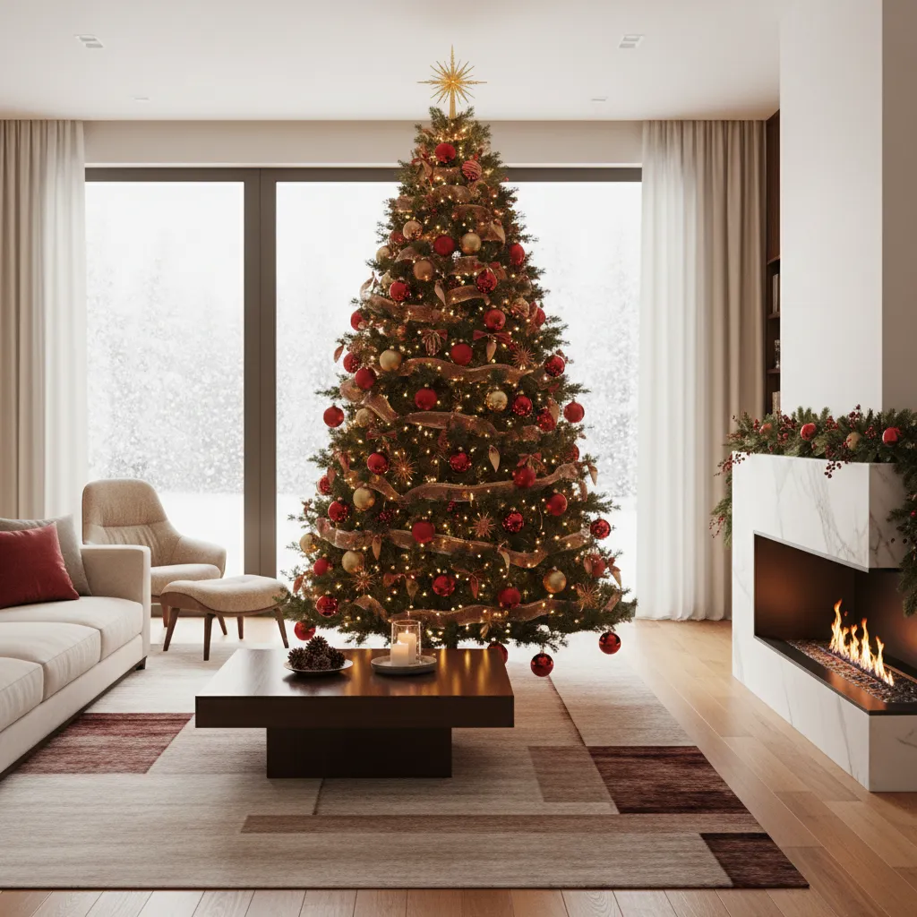Árbol de Navidad con paleta de colores rojo y dorado en un salón moderno