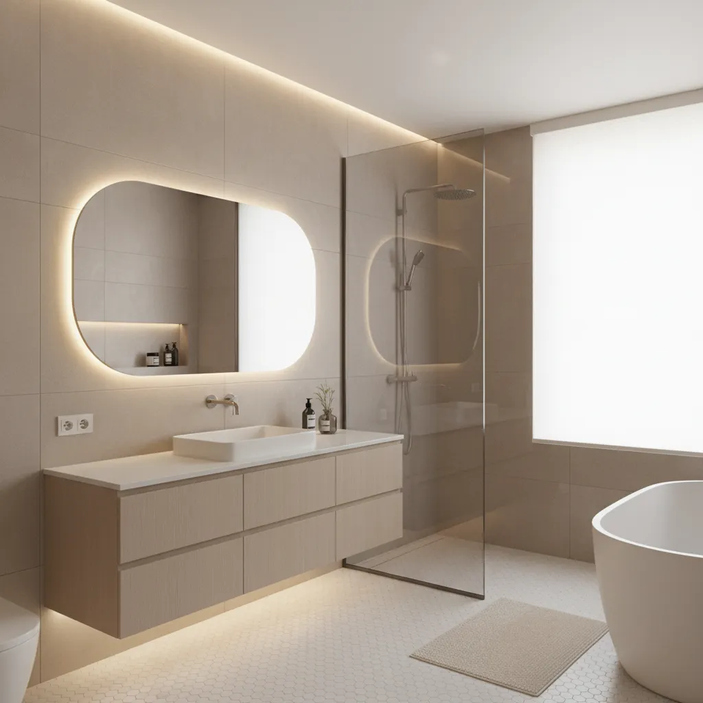 Modern bathroom with beige wall tiles wood cabinet backlit mirror glass shower and white bathtub