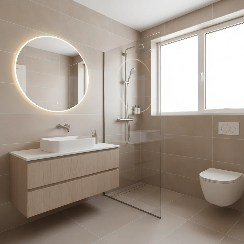 Modern bathroom with beige tiles, round light mirror, wooden cabinet, white sink, and glass shower