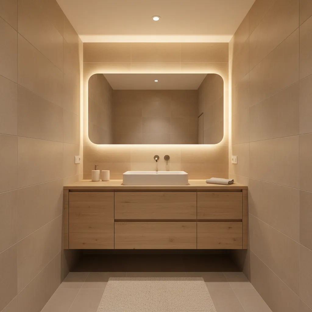 Baño pequeño en tonos claros con detalles de madera