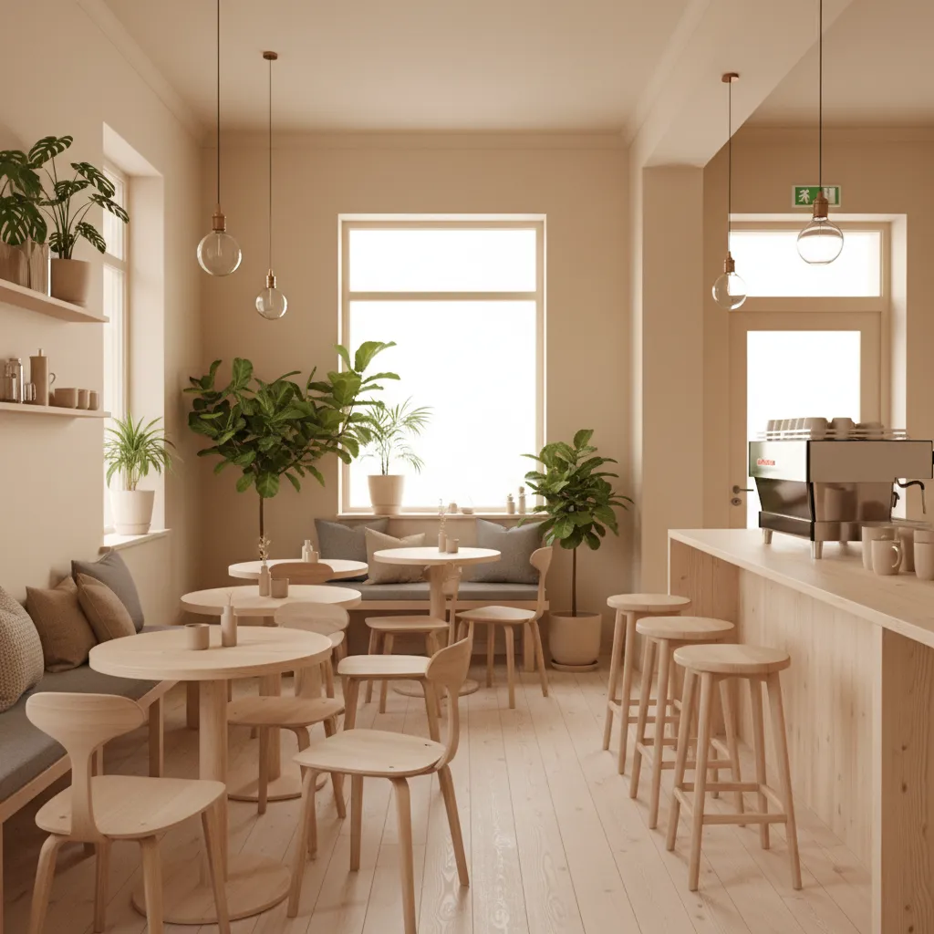 cafetería pequeña con tonos claros y madera natural