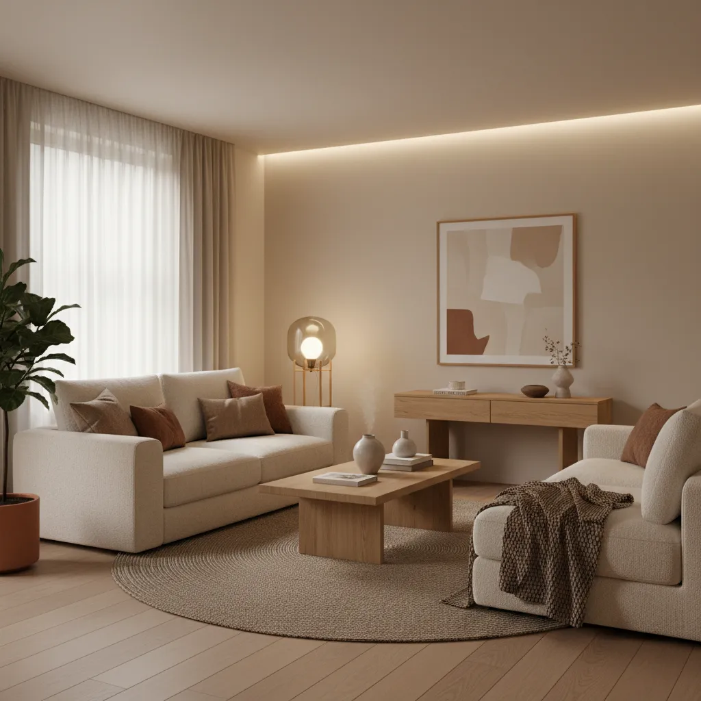 Cozy living room with cream sofa wooden coffee table round rug wall art warm lighting