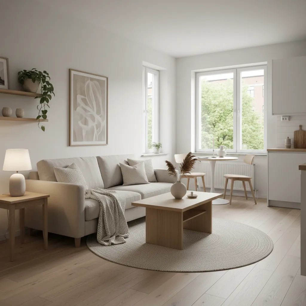 Interior de casa pequeña con colores claros y madera natural