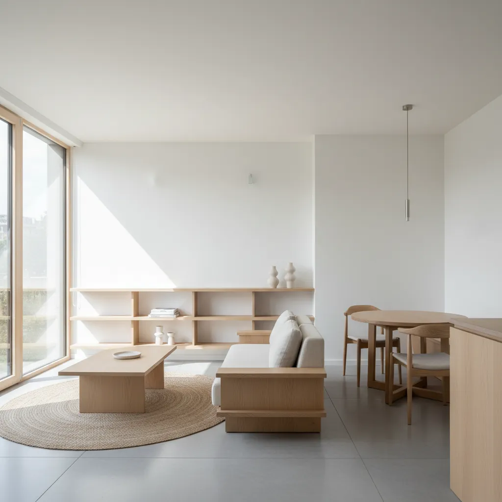 Interior pequeño con colores claros y madera