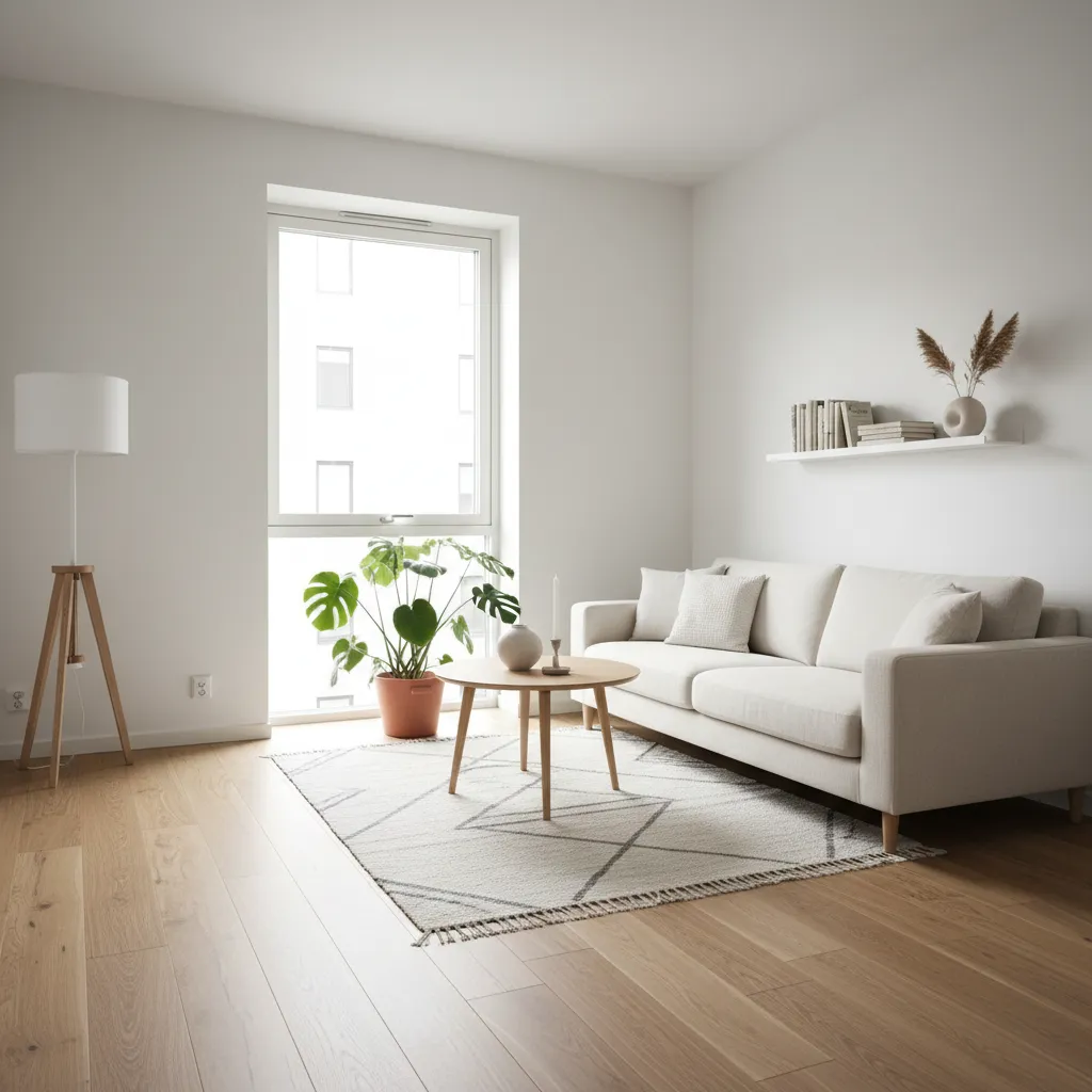 Bright living room with white sofa wooden floor large window green plant and floor light