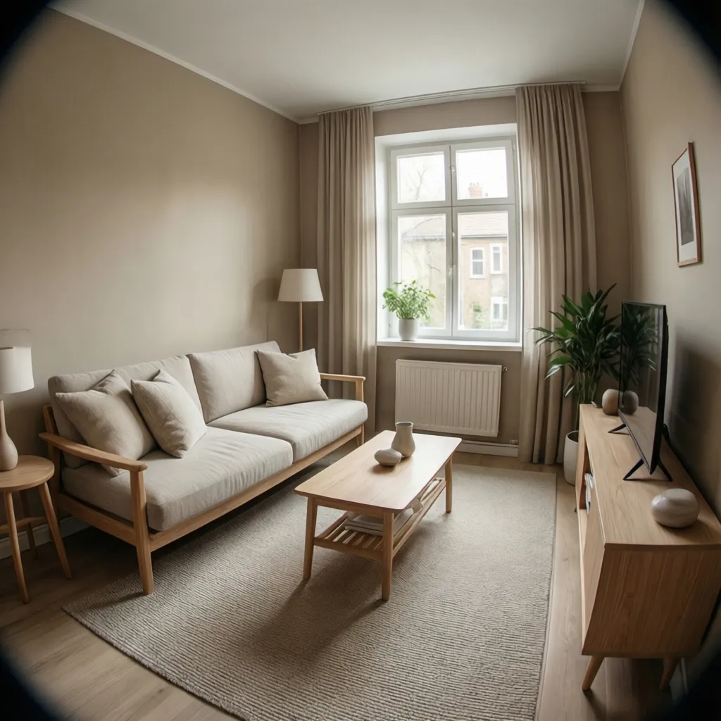 Sala pequeña moderna con colores neutros y muebles de madera clara