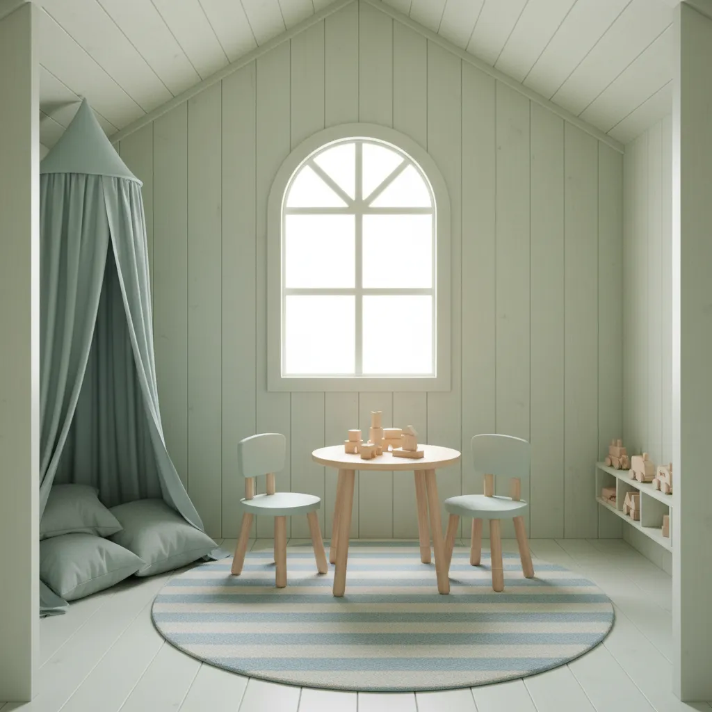 Casita infantil con colores suaves y decoración minimalista