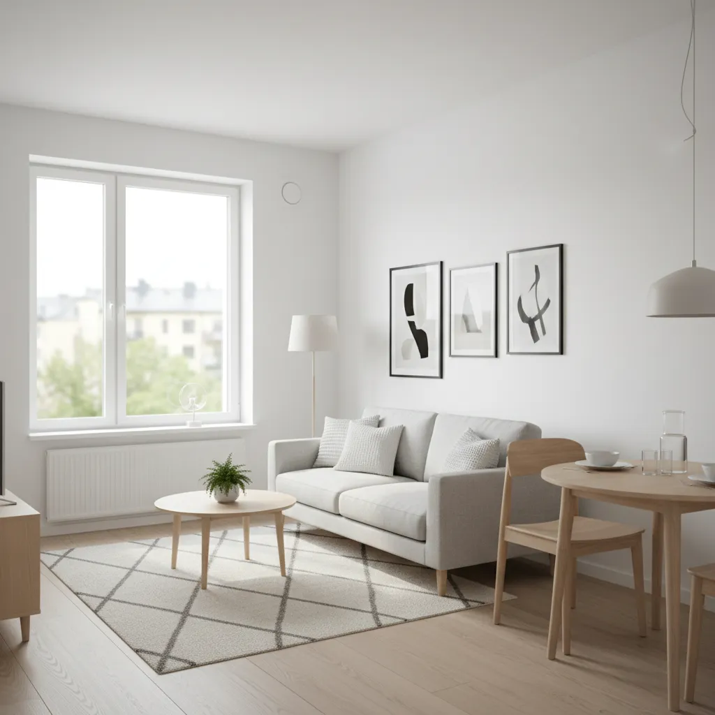 Small bright apartment with grey sofa, wooden dining table, round coffee table, rug, and pictures