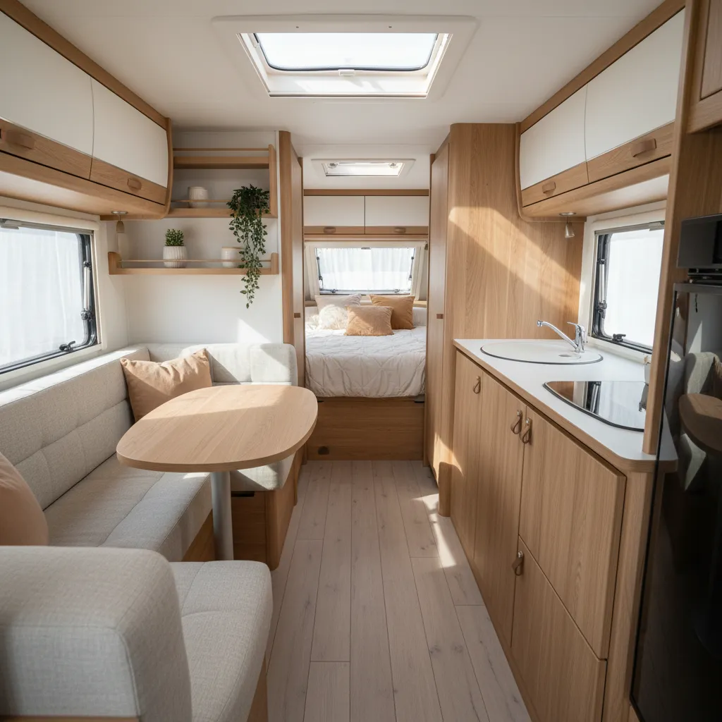 Interior de caravana con paleta de colores claros y madera natural