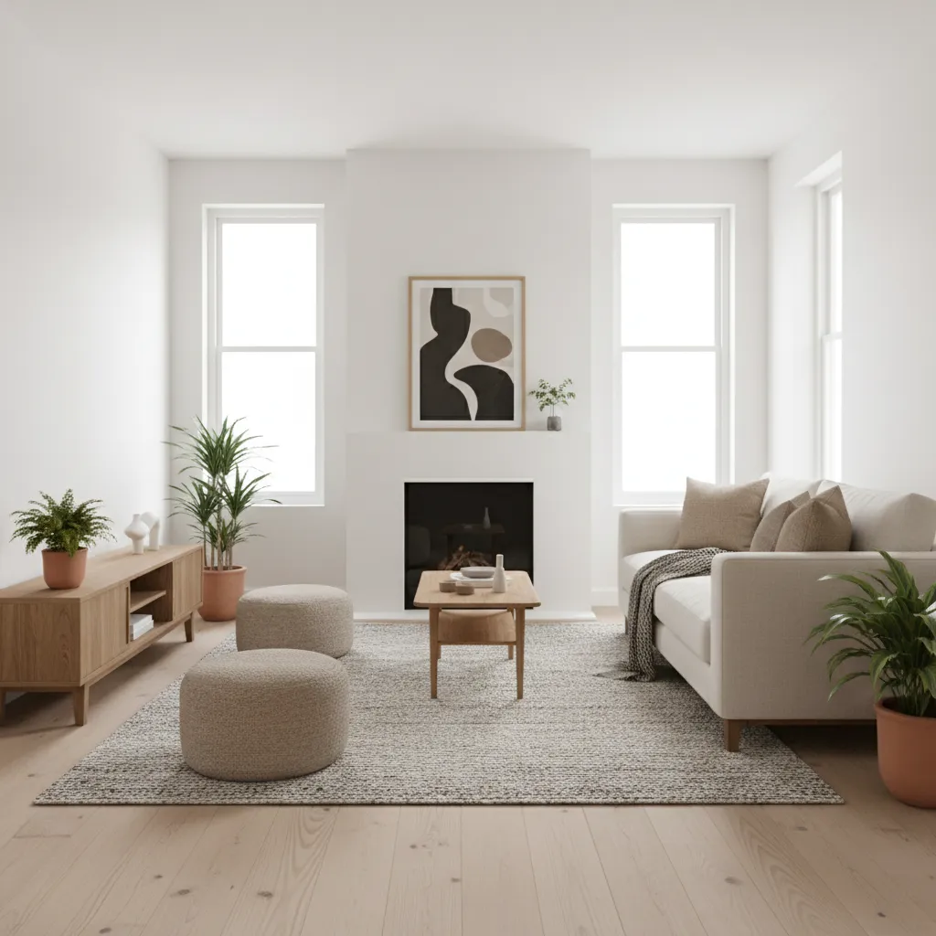 Interior de casa pequeña con paleta de colores claros y madera