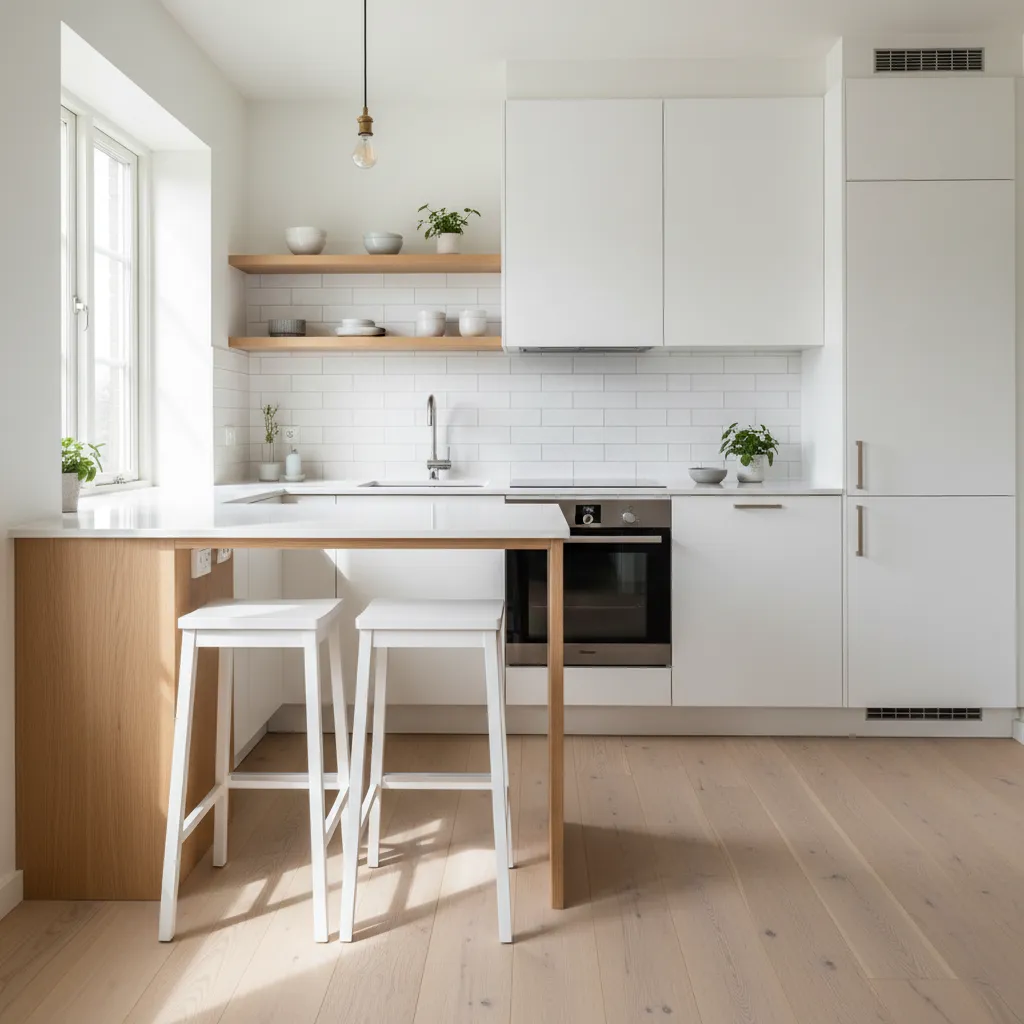Cocina pequeña con colores claros y madera que amplían visualmente el espacio
