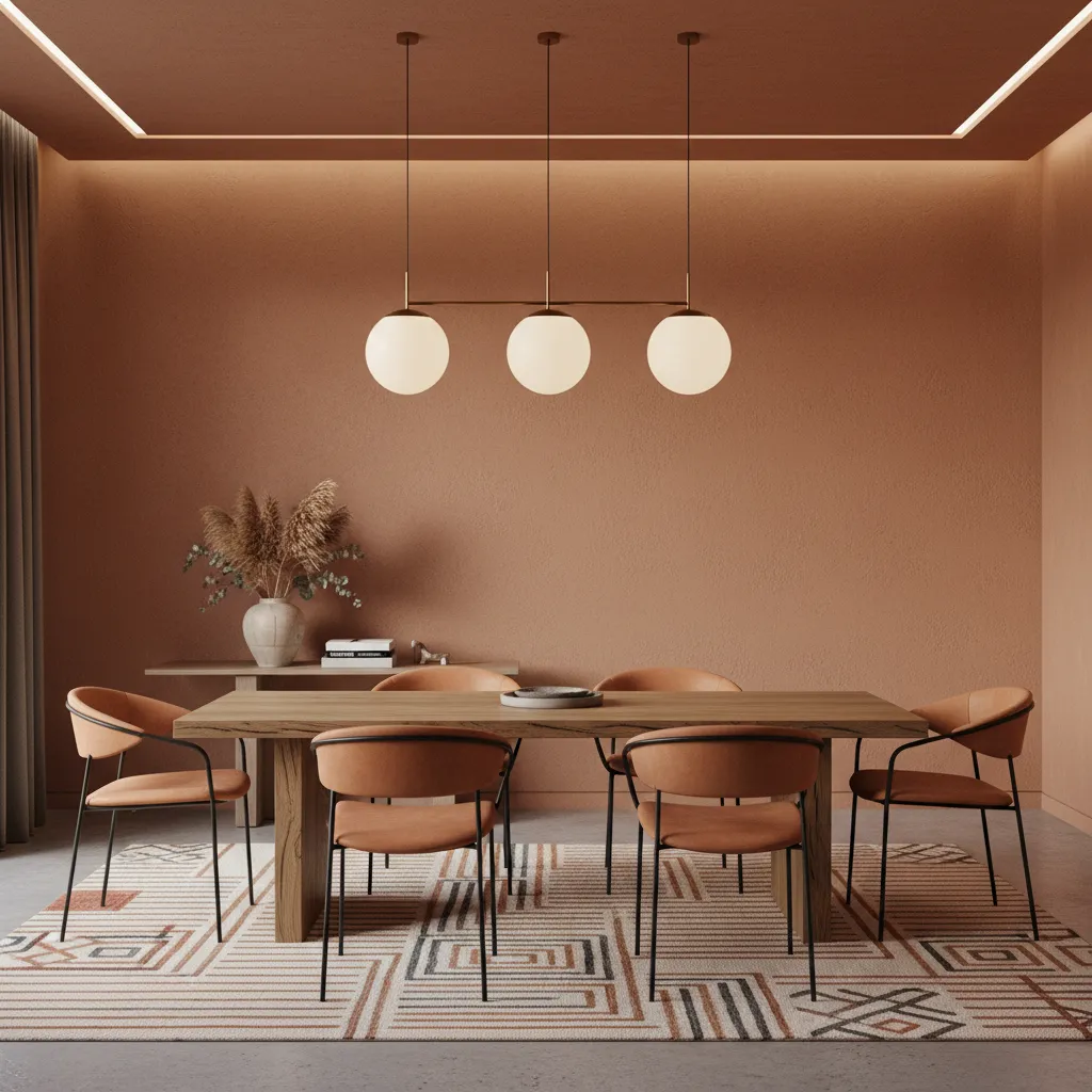 Comedor moderno con combinación de colores cálidos en las paredes