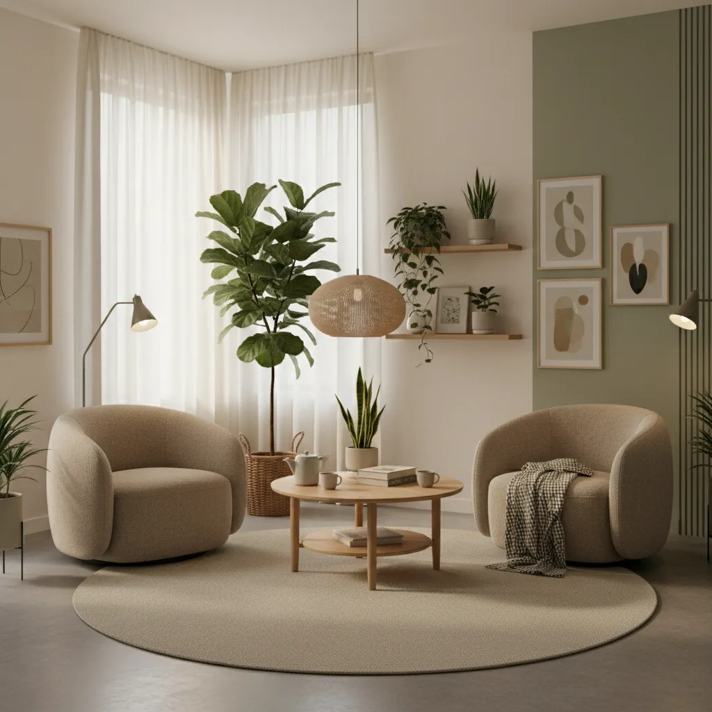 Consultorio con paleta de colores suaves como beige y verde claro