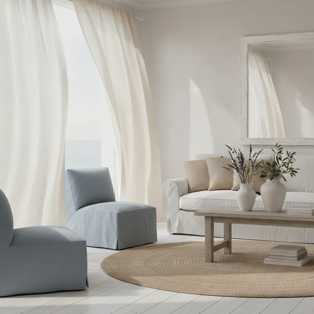 Paleta de colores claros para cortinas en interiores costeros