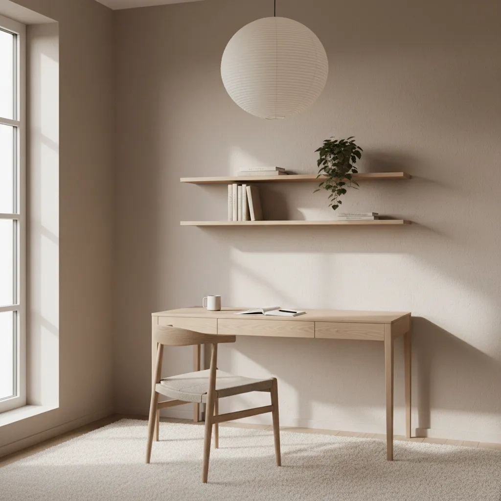 Cuarto de estudio con colores neutros y decoración minimalista