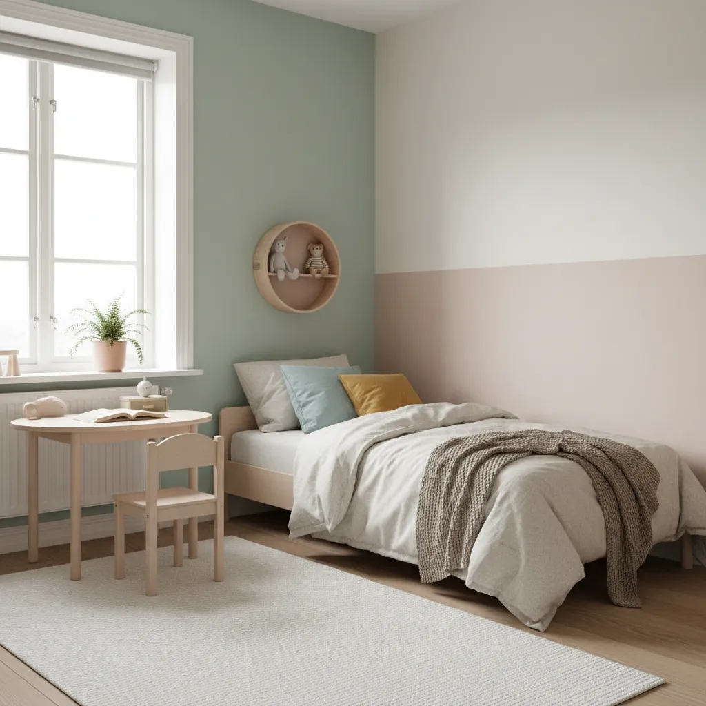 Green and pink kids bedroom with wooden bed round wall shelf and small study desk