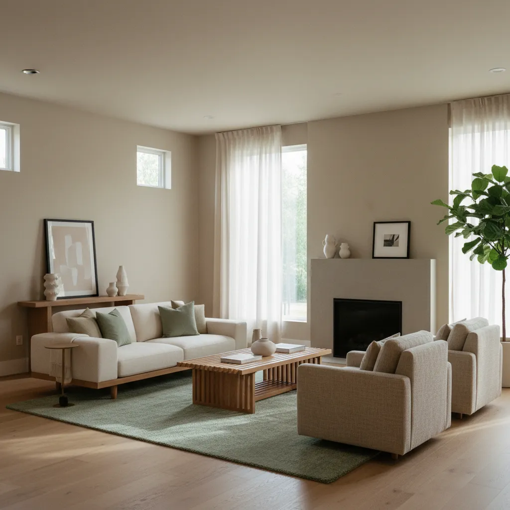 Modern living room with cream sofa green rug wooden coffee table fireplace and large plant