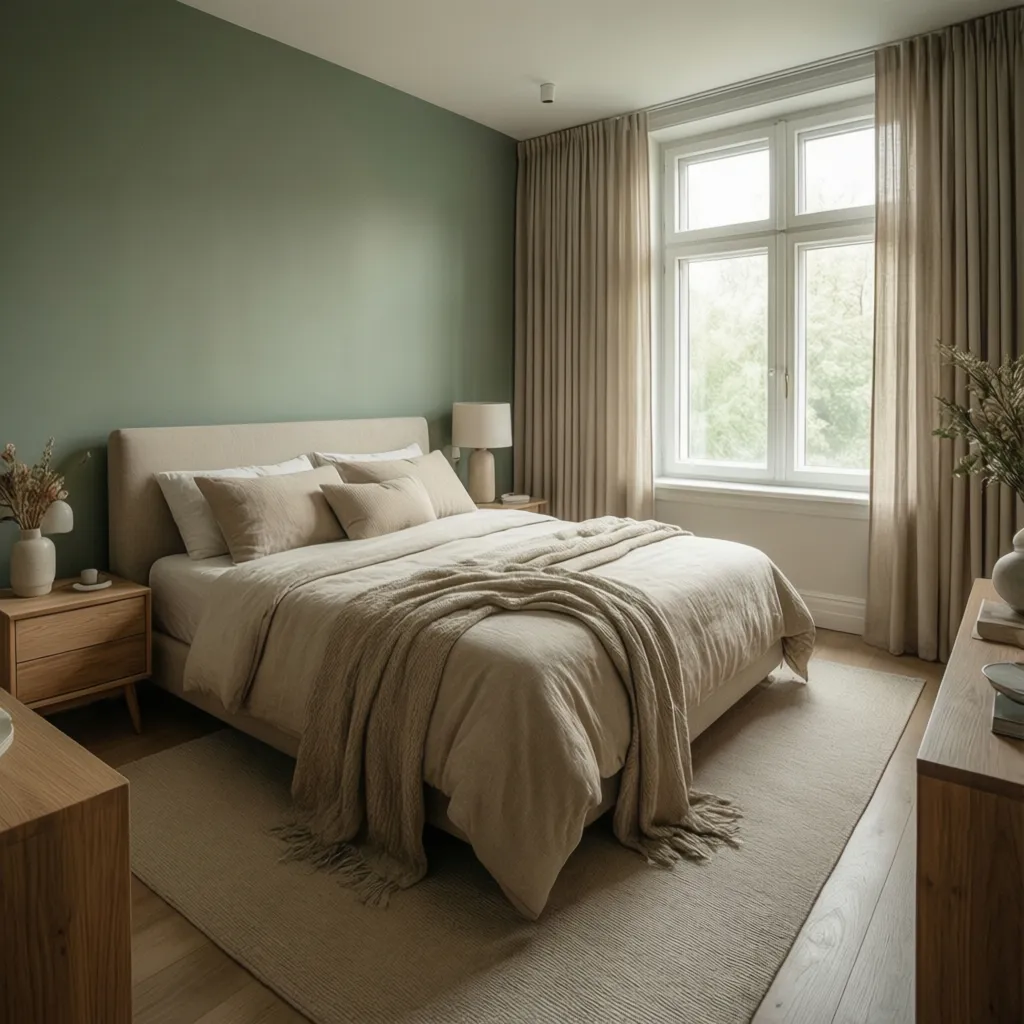 Minimalist green bedroom with beige bed, matching bedding, large window, beige curtains, rug, and furniture