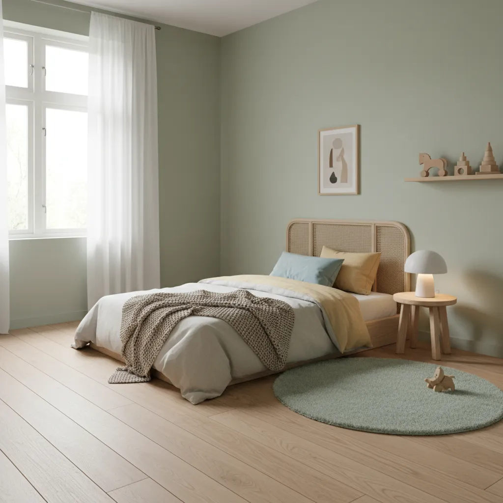Minimalist bedroom with sage green walls wooden bed side table white lamp and round rug