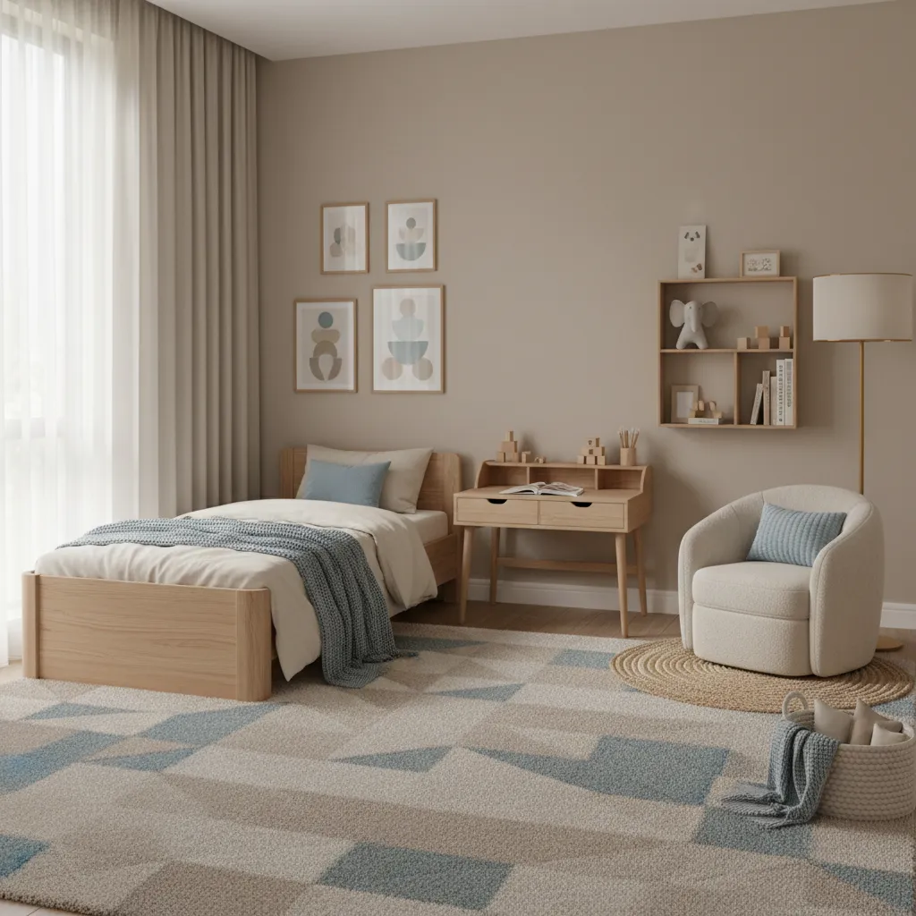 Modern kids bedroom with a wooden bed desk round armchair floor lamp and patterned rug