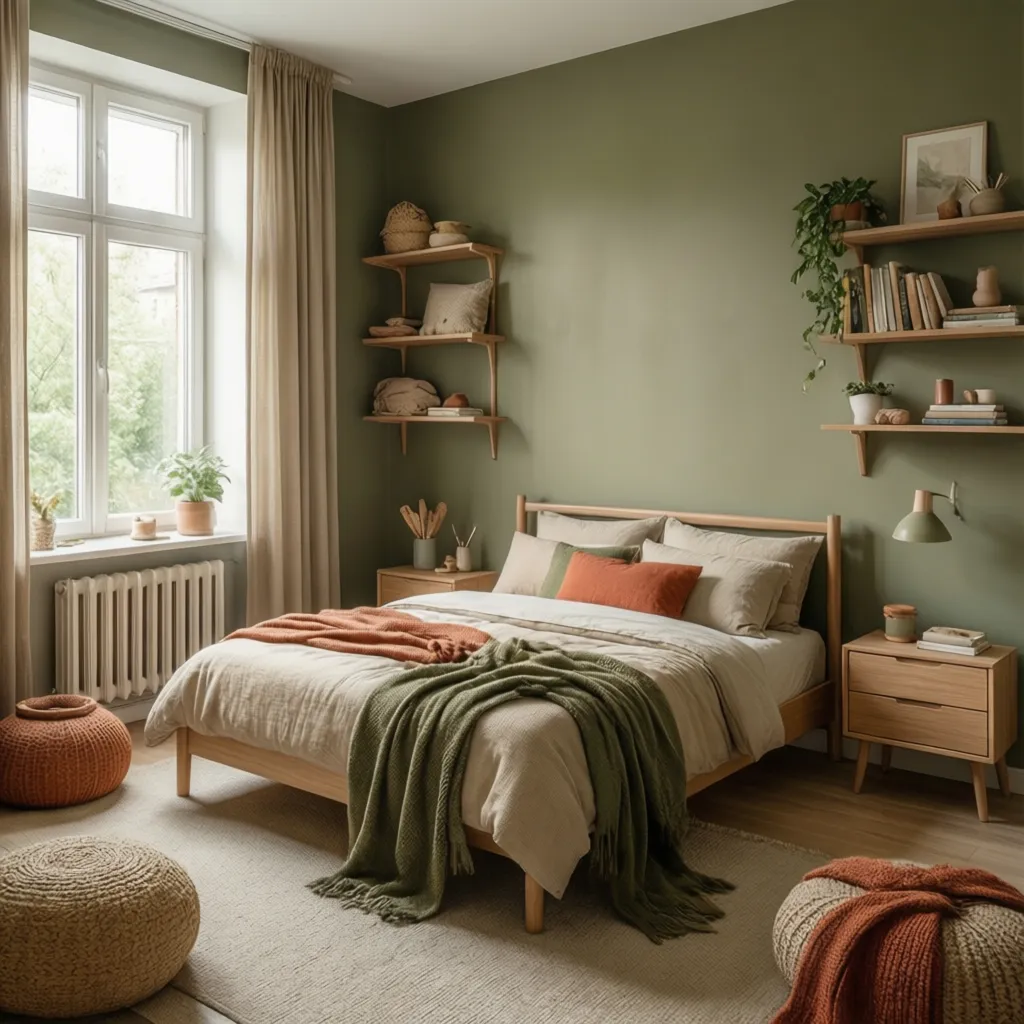 Bedroom with olive green walls wooden bed orange pillows beige rug wall shelves and footrests