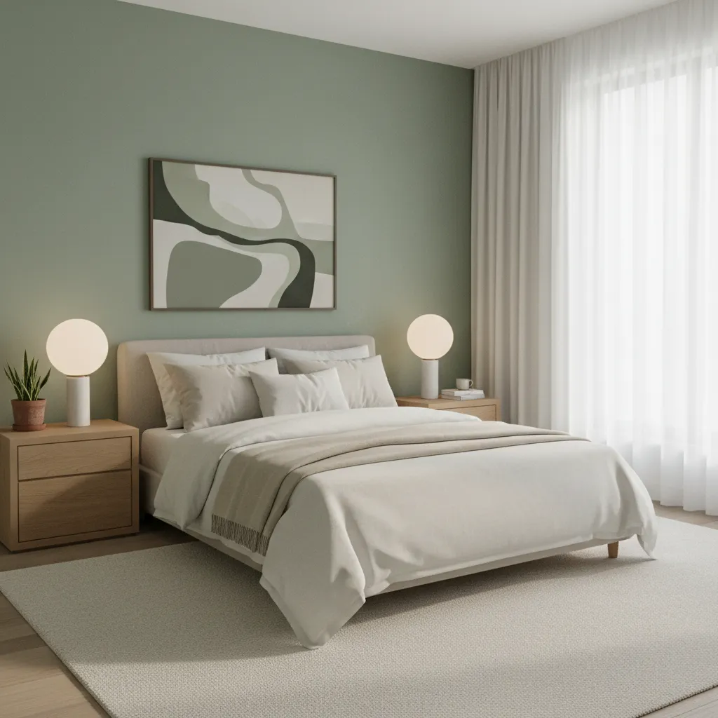 Modern bedroom with green wall white bed wooden nightstands globe light fixtures curtains and painting