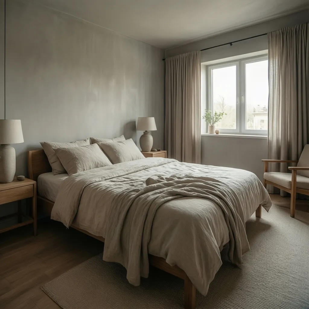 Minimalist bedroom featuring beige bedding wooden bed frame two table lamps armchair and large window