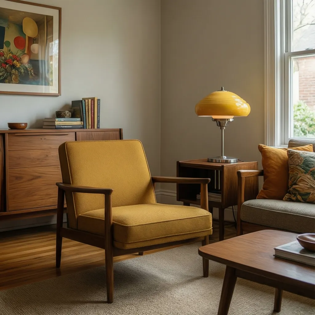 Interior con combinación de colores mostaza, madera y tonos neutros típico del estilo 50s