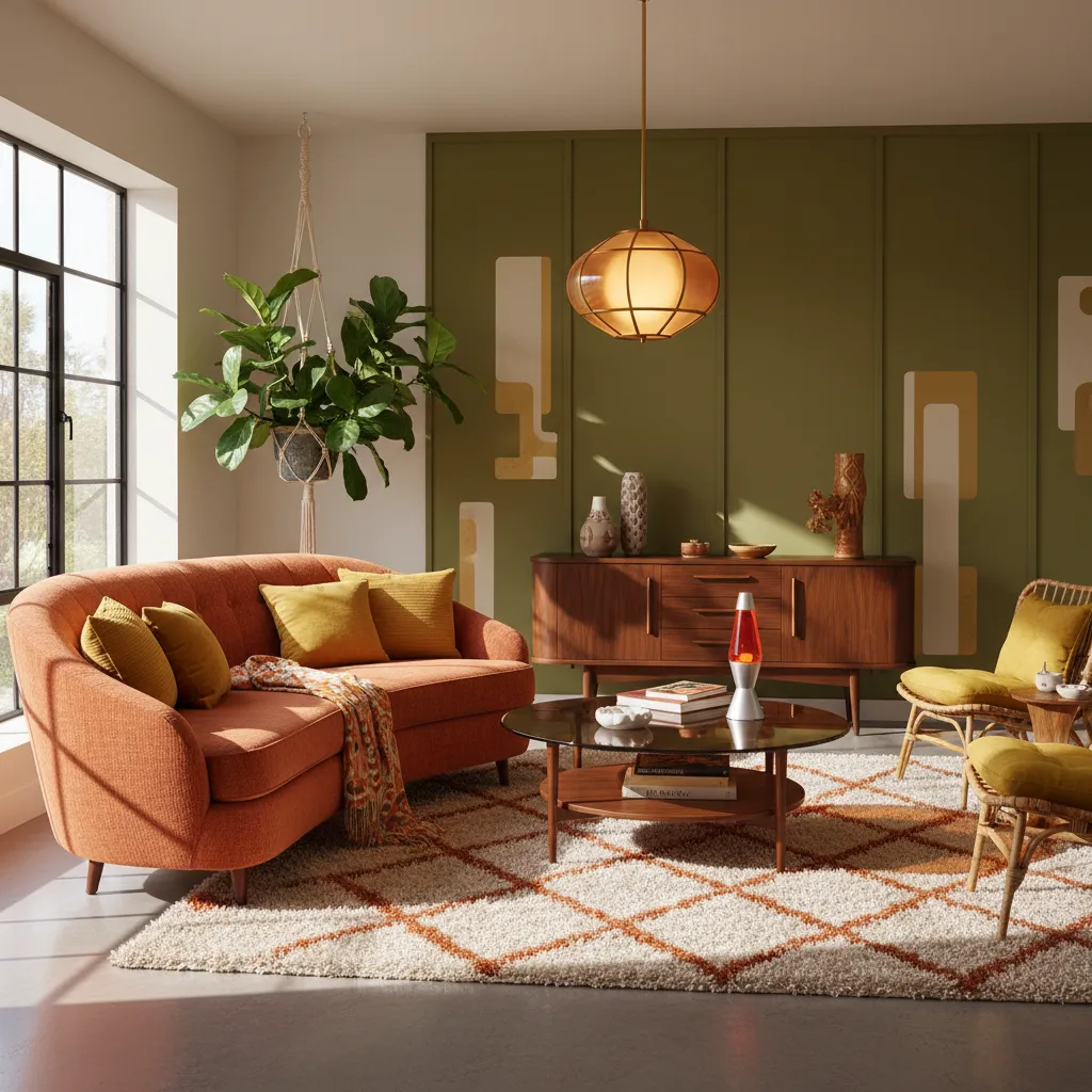Paleta de colores típica del diseño interior de los años 70 con tonos terracota, mostaza y verde oliva