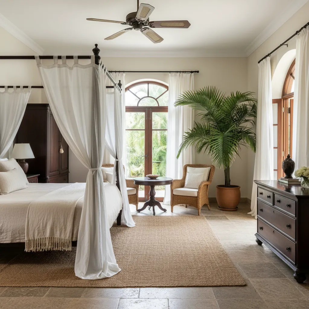 Interior colonial con paredes claras y mobiliario oscuro