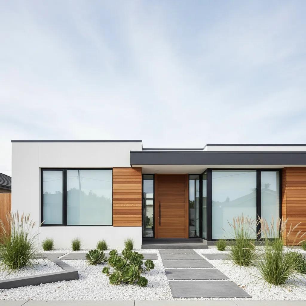 Casa moderna con combinación de blanco gris y madera en la fachada