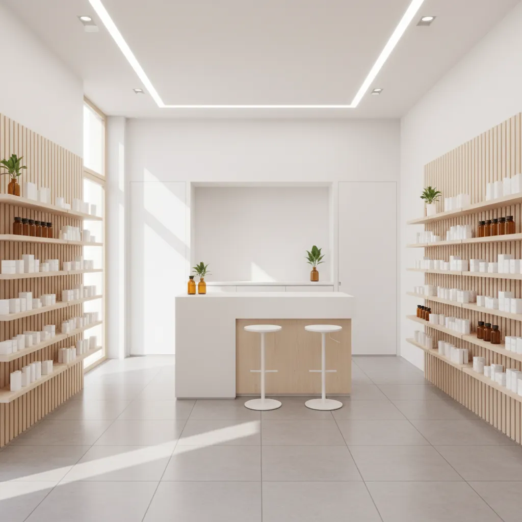 Minimalist store interior with wood wall panel white counter two stools and shelves of products