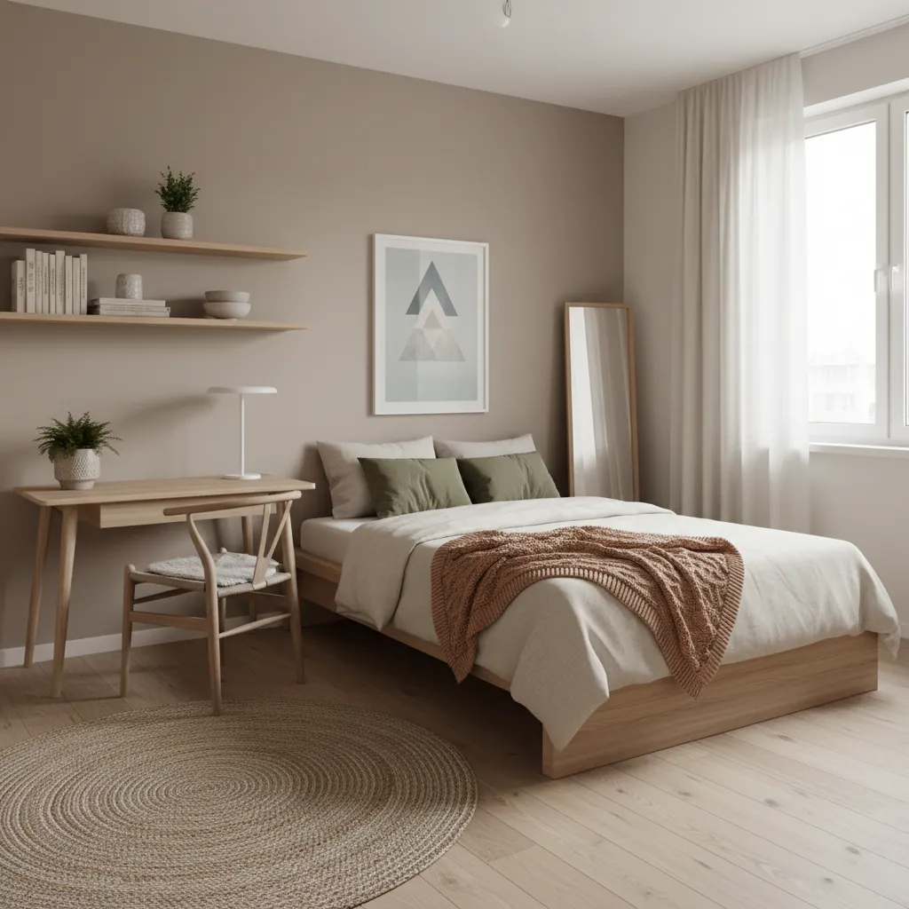 Dormitorio juvenil con paleta de colores neutros y acentos modernos