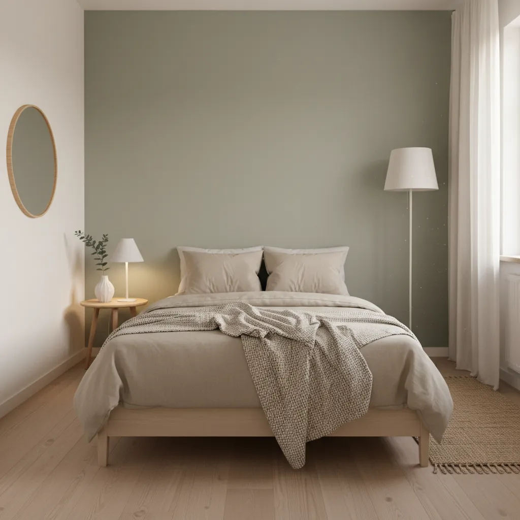 Simple bedroom with light green wall wooden bed white curtains floor lamp and side table