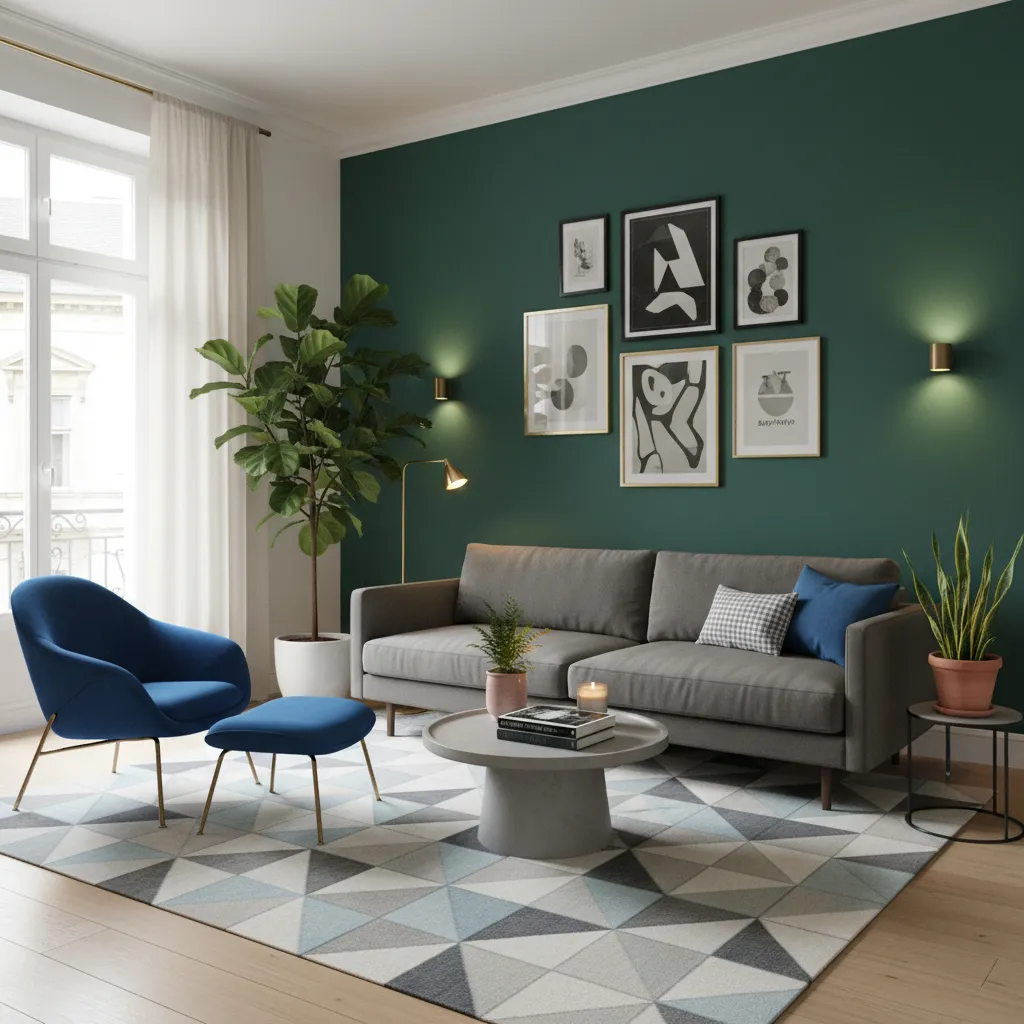 Salón con acentos verde oscuro y azul profundo
