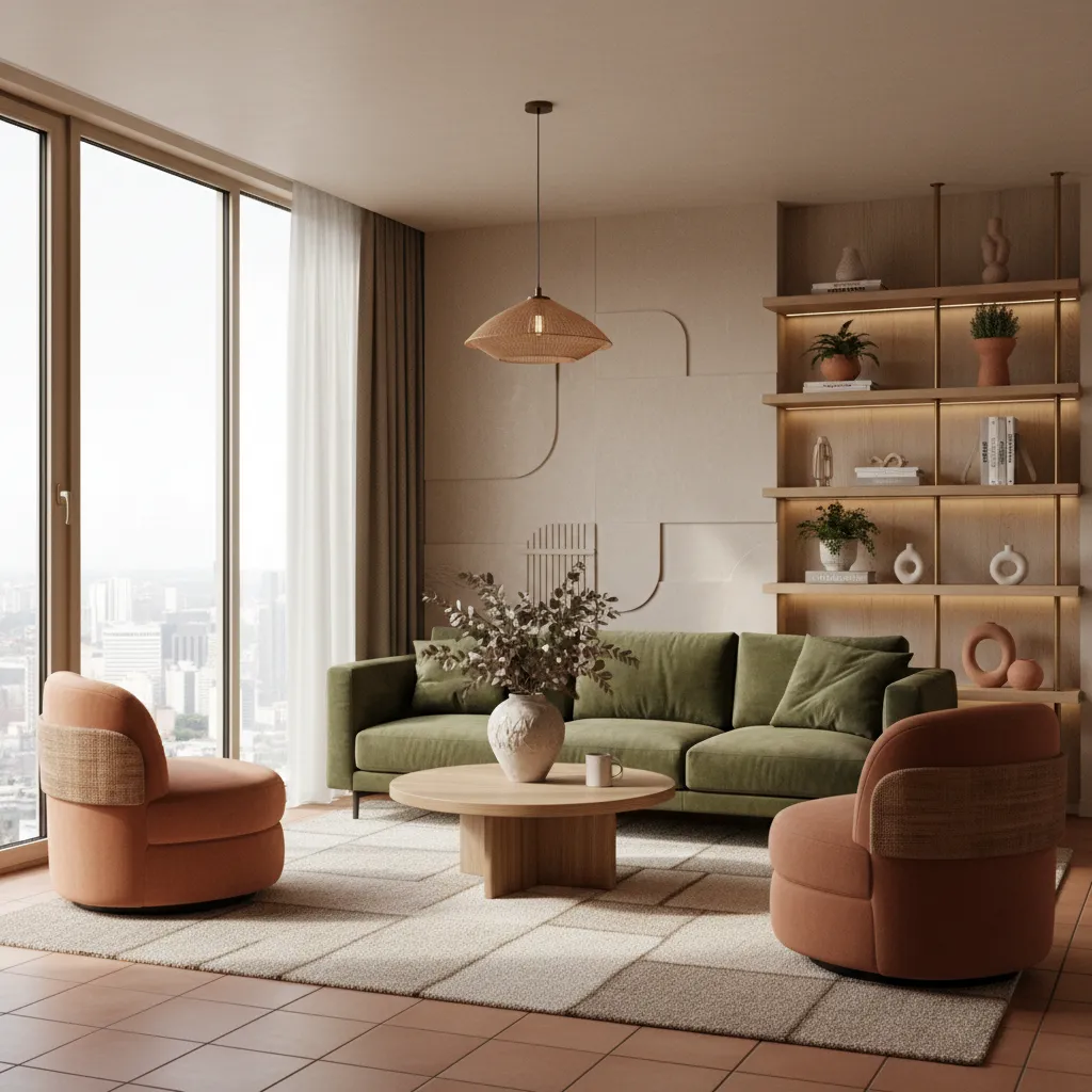 Interior con colores tierra y verde oliva