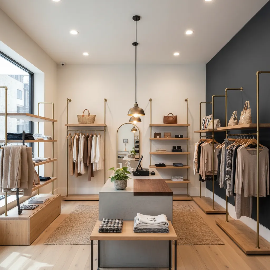 Modern clothing store with wood shelves grey counter hanging clothes dark wall and bright lights
