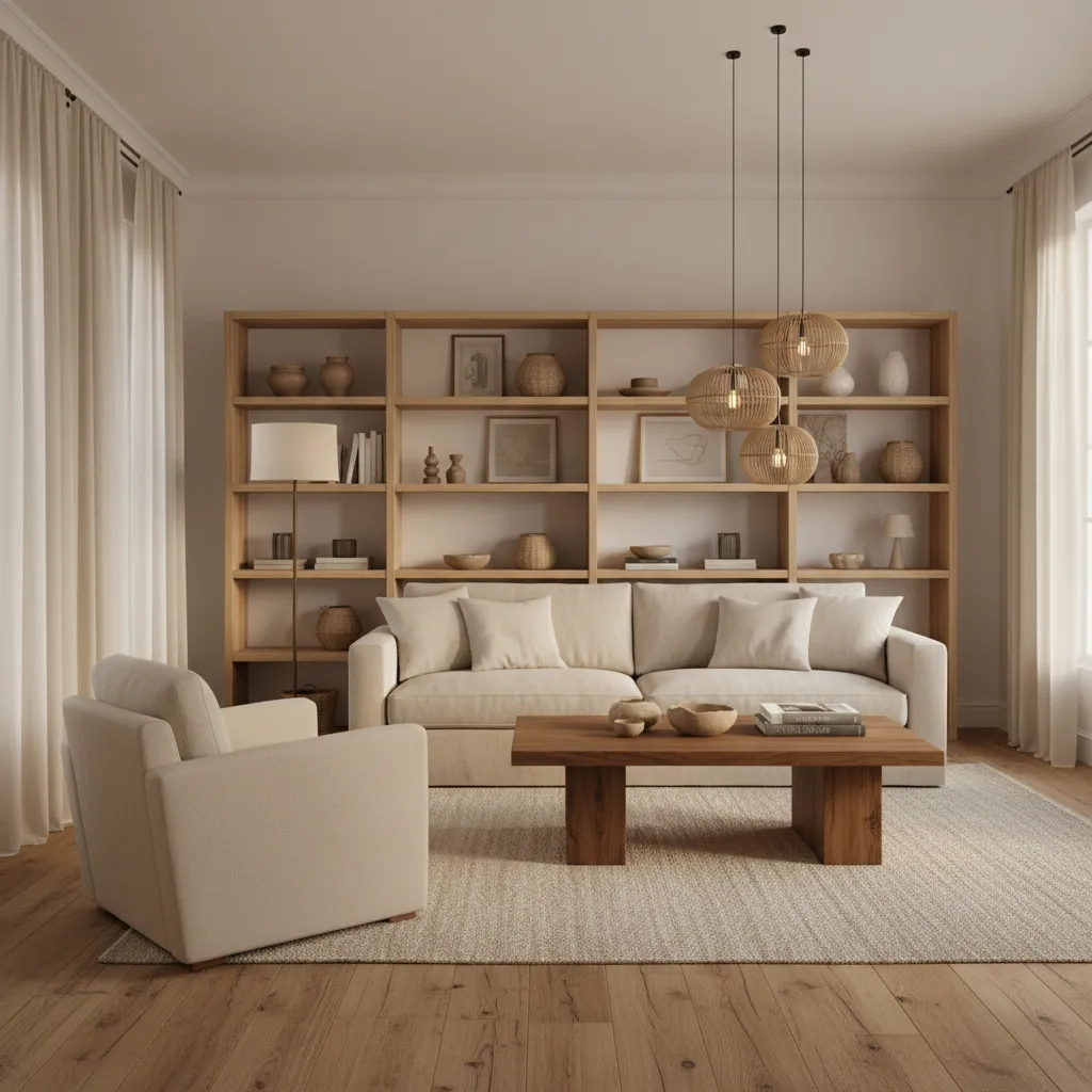 Salón con paredes neutras, madera natural y textiles suaves