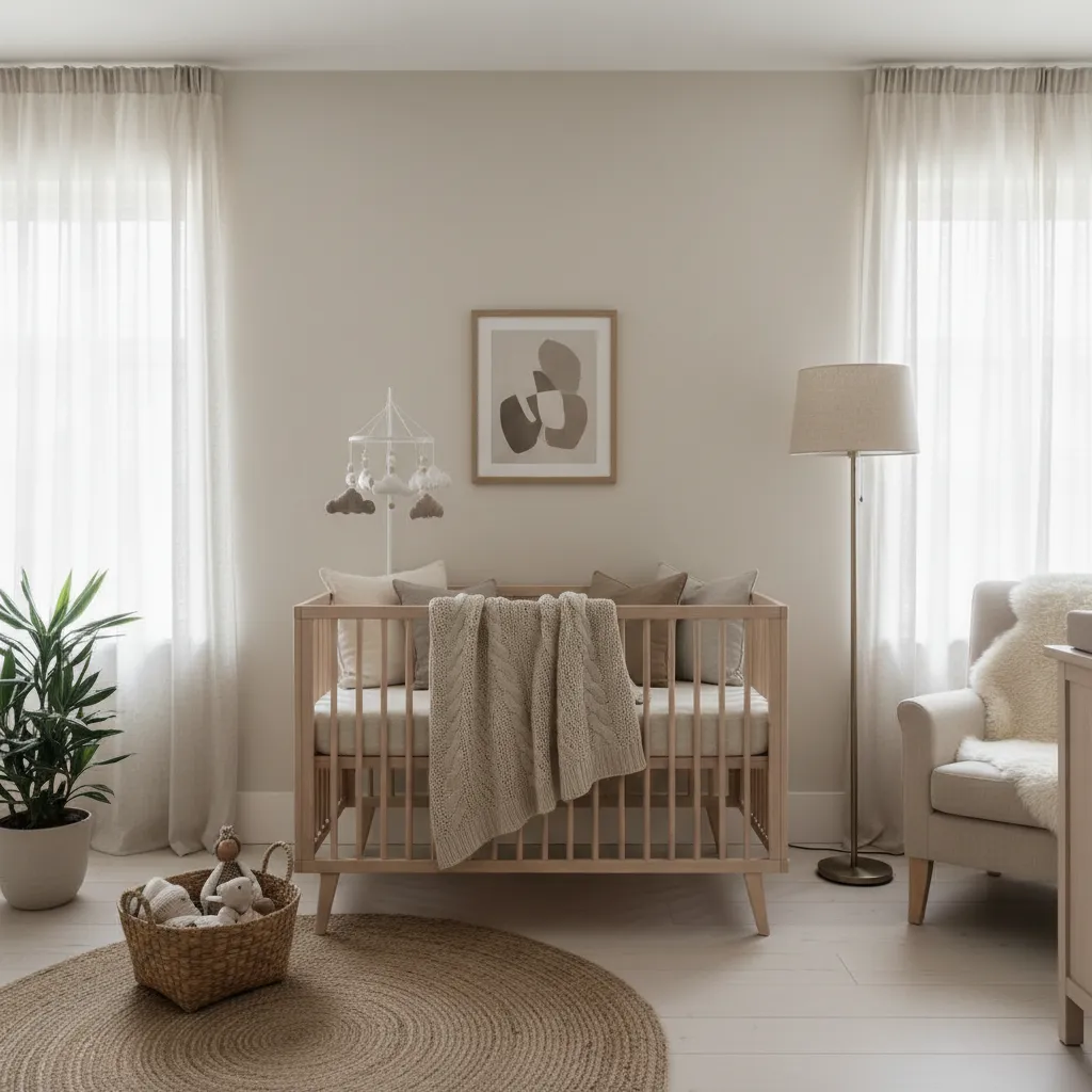 Habitación de bebé con paleta de colores neutros y madera