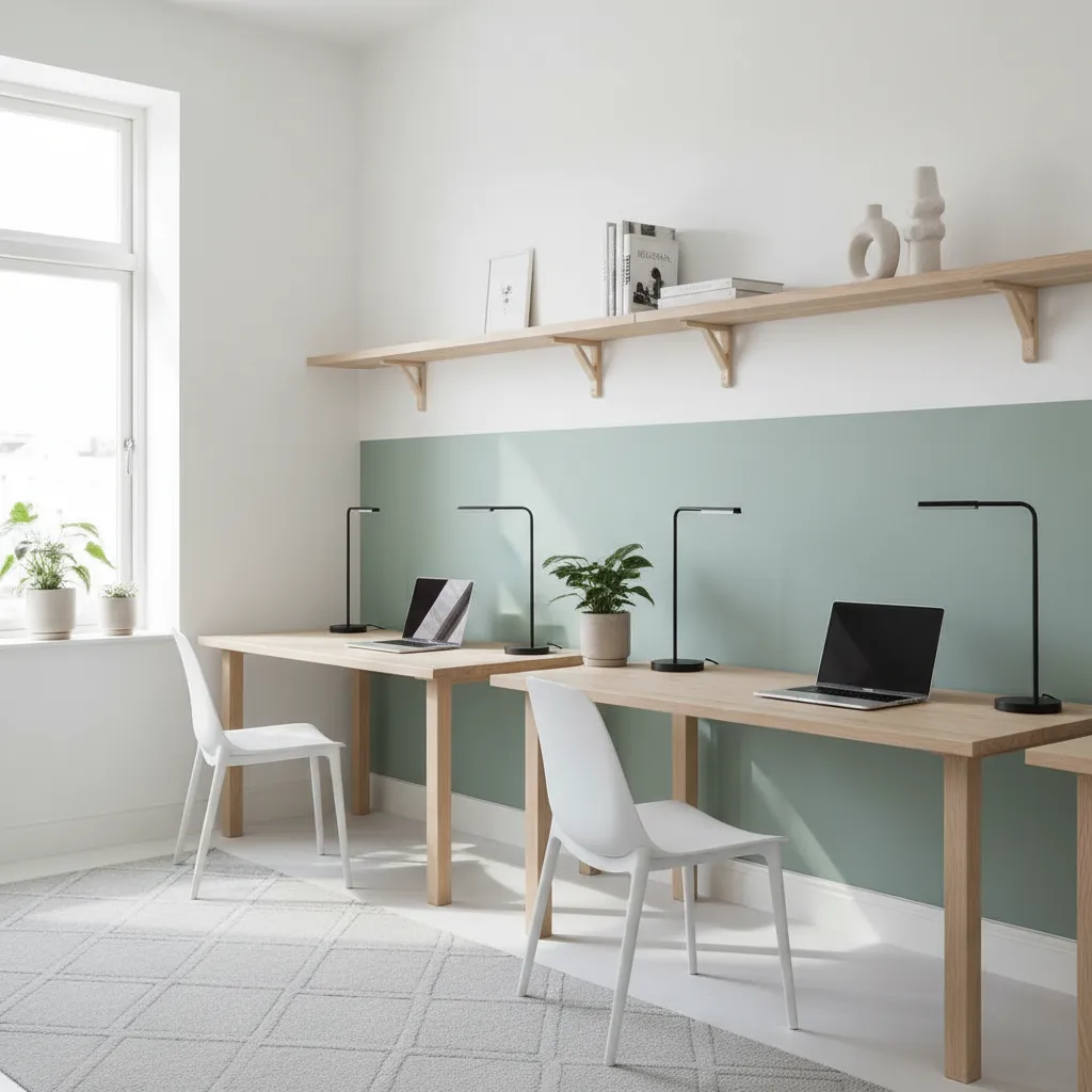 Minimalist home office with two wooden desks white chairs black table lamps and green wall