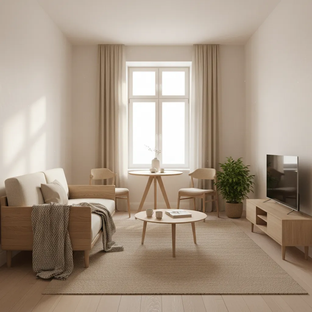 Interior de apartamento pequeño con colores claros y madera natural