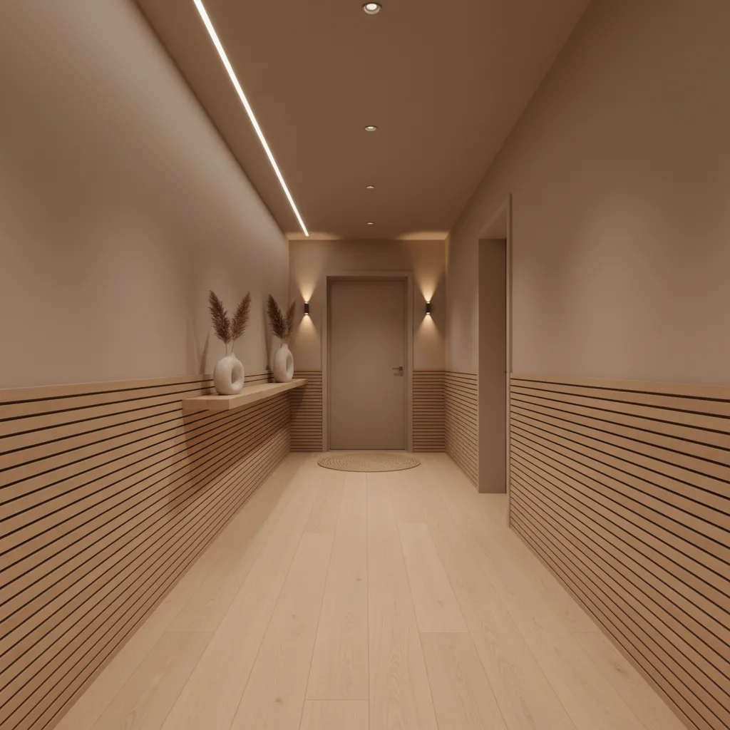 Minimalist hallway featuring light wood wall panels wooden flooring wall lights and a neutral door