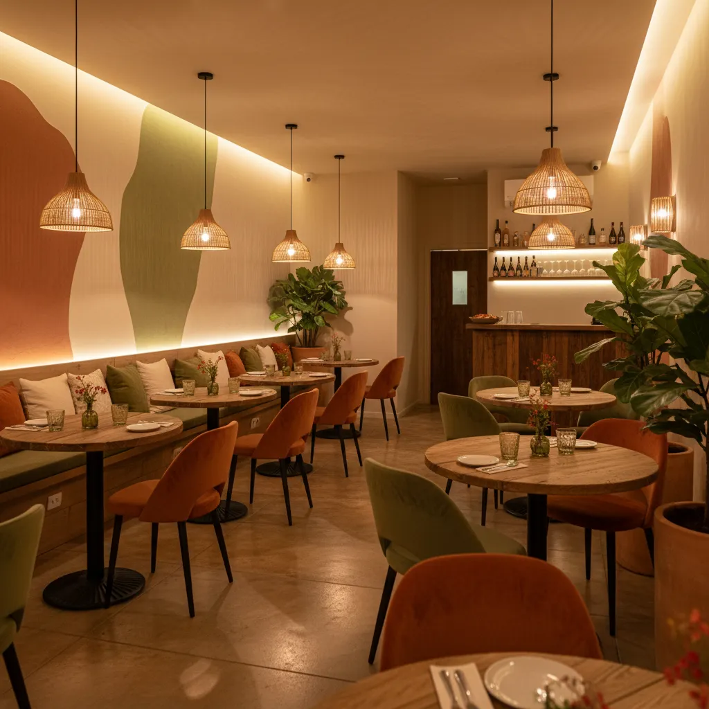 Warm restaurant with round wooden tables, colorful orange and green chairs, and woven ceiling lights
