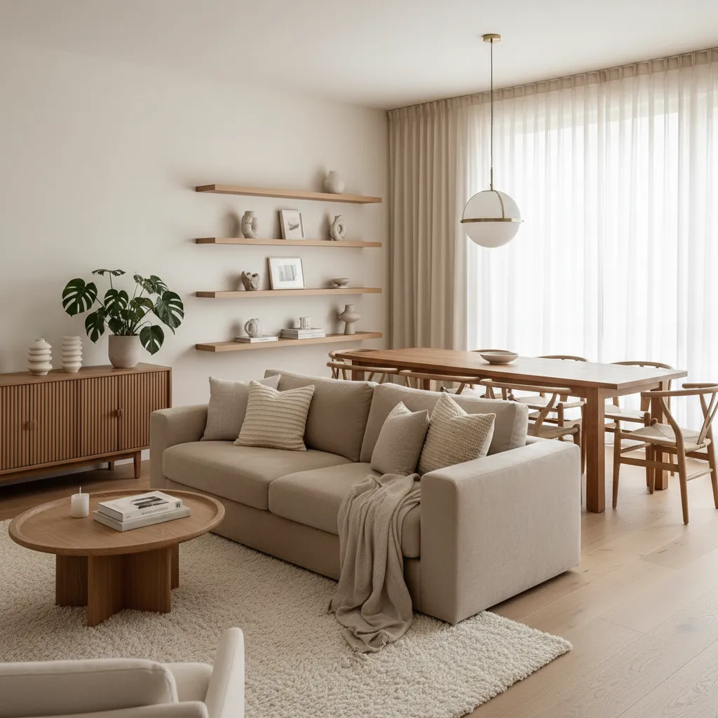 Cozy living room with beige sofa, wall shelves, wooden cabinet, round coffee table and light