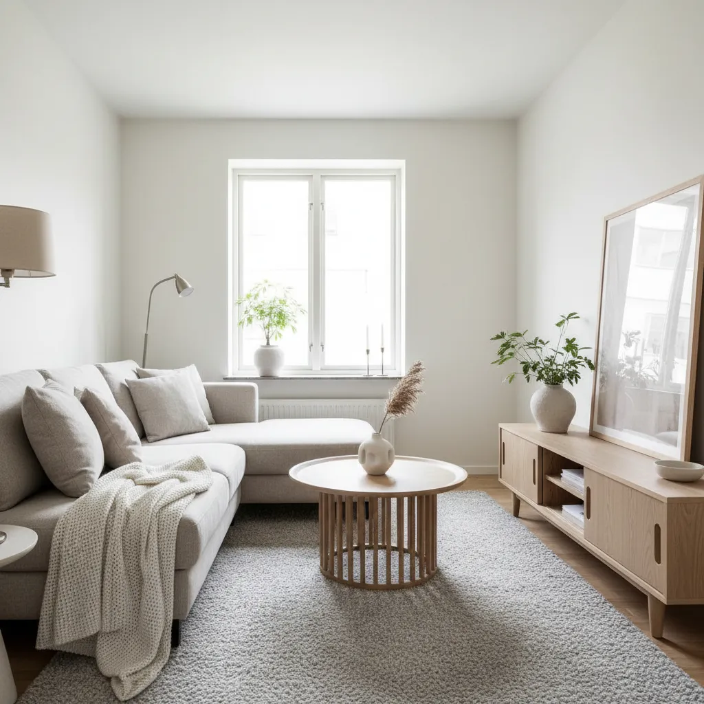 Sala pequeña en tonos claros con decoración minimalista